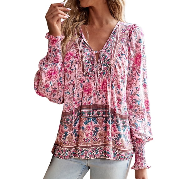 Summer Tops for Women V-Neck Tie Casual Printed Fashion Shirt Long Sleeve Top Womens Fashion Clothing