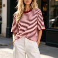 thumbnail image 1 of Summer Tops for Women Vacation Outfits Trendy Crewneck Striped Short Sleeve Shirts Loose fit Breathable T Shirts | CSEONE,Watermelon Red S, 1 of 8