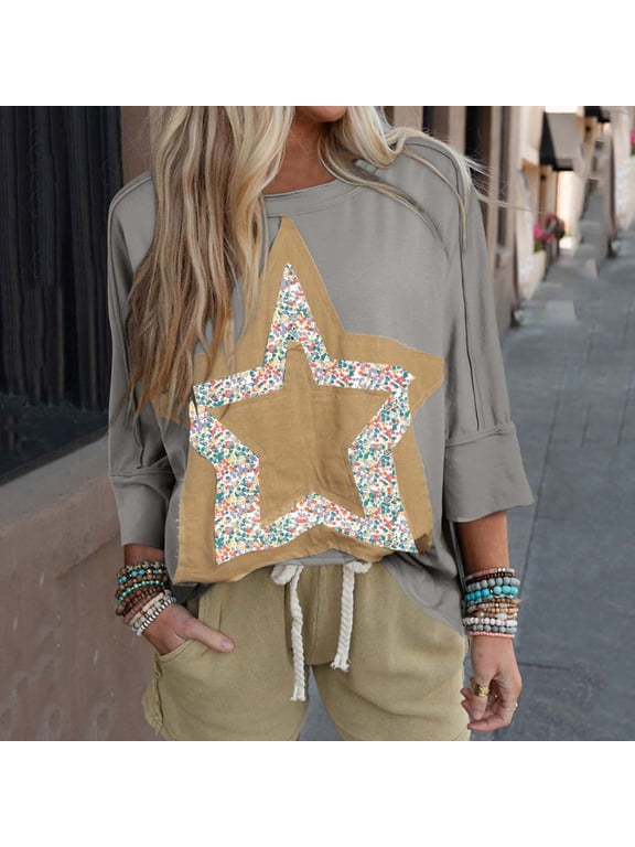 Summer Tops for Women Viikei Womens Tops Long Sleeve Sweatshirts,Plus Size Tops Long Sleeve,Solid Color Patchwork Star Women's Top Gray L