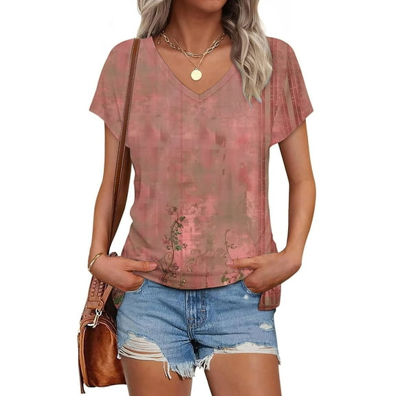 Summer Tops for Women Viikei Womens Tops Short Sleeve Prints,Women's Printed V-neck Short-sleeved T-shirt Loose Top Short Sleeve Top Multicolor XL