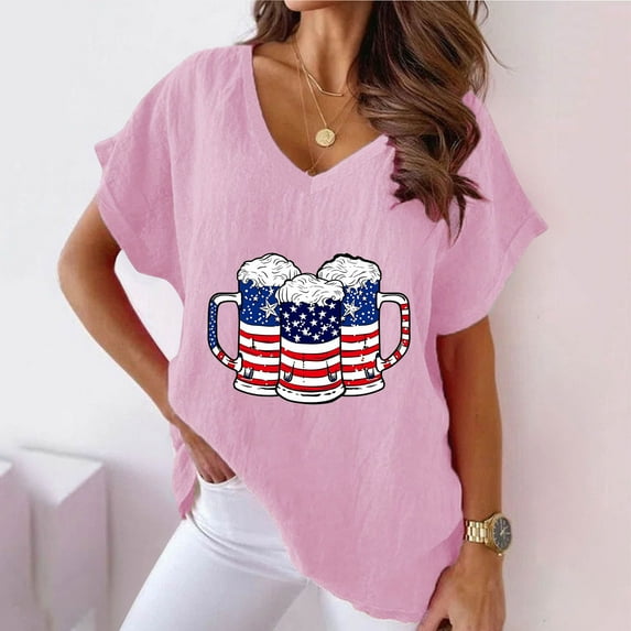 Summer Tops for Women Viikei Womens tops V Neck Cotton,Women V-neck Print T-Shirts Fashion Comfortable Female Blouses Pink XXL