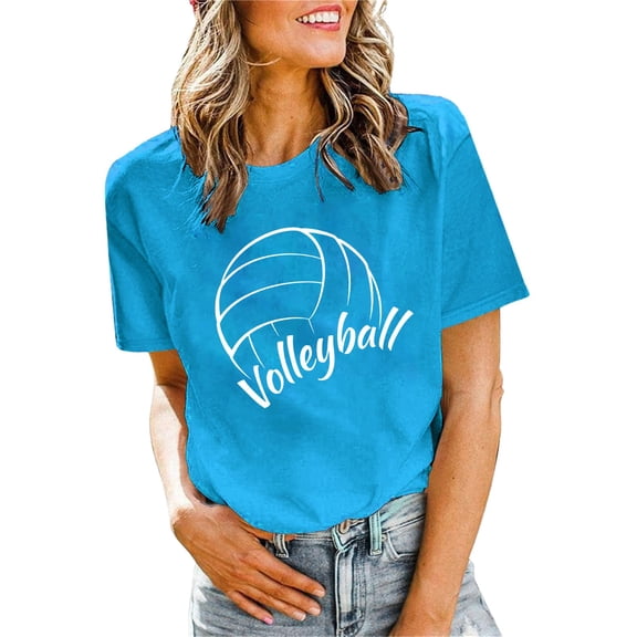 Summer Tops for Women Volleyball Shirts Team Tee Tops Graphic Casual Short Sleeve Oversized Tshirts for Women Sky Blue L