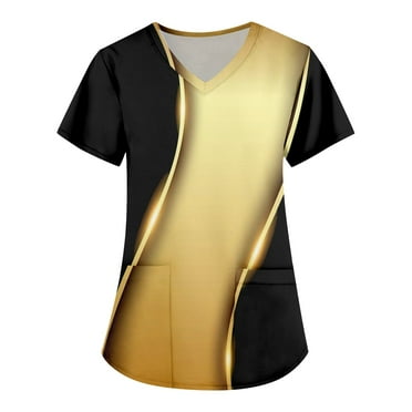 Summer Tops for Women Women's Fashion Printed Short Sleeve V Neck Pattern Tops Pocket Working T-shirts
