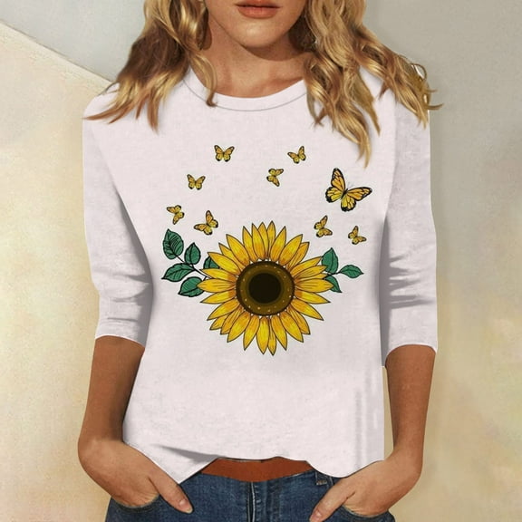 Summer Tops for Women Women's Loose Casual Floral Print Round Neck Three-quarter Sleeves