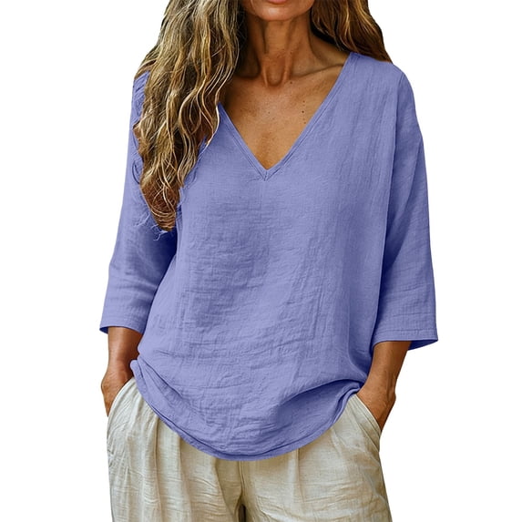 Summer Tops for Women Womens Summer Tops Casual Blouse Three Quarter Sleeve V Neck Shirts Vacation Tees Fashion