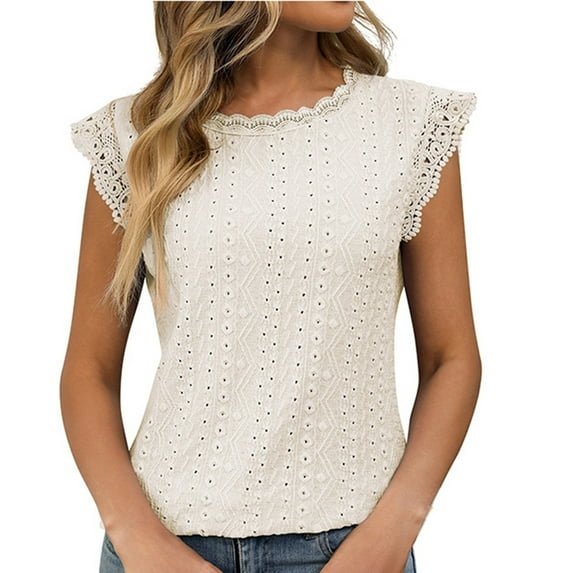 Summer Tops for Women! Yigetop 2025 Spring/Summer New Solid Color Round Neck Short Sleeve Lace Splicing Hollow T Shirt Eyelet Tops for Women B L