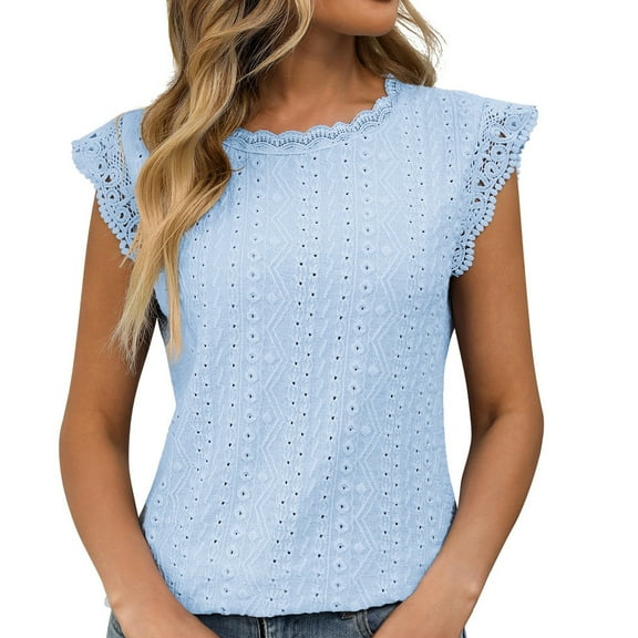 Summer Tops for Women! Yigetop 2025 Spring/Summer New Solid Color Round Neck Short Sleeve Lace Splicing Hollow T Shirt Eyelet Tops for Women Blue XL