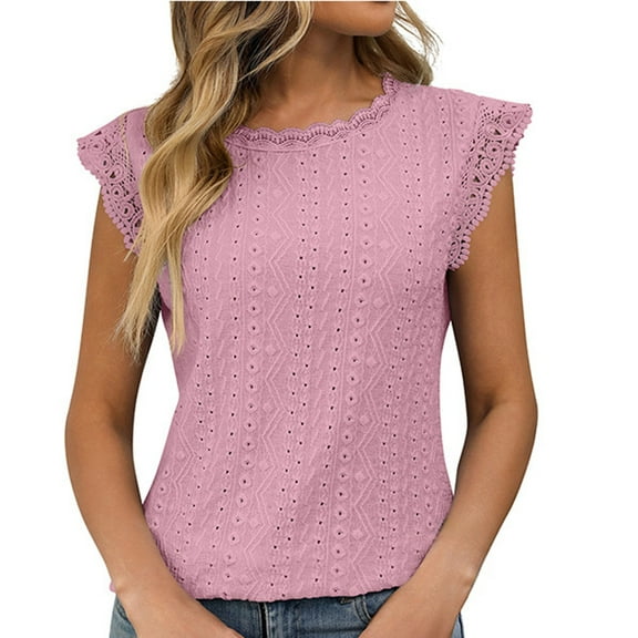 Summer Tops for Women! Yigetop 2025 Spring/Summer New Solid Color Round Neck Short Sleeve Lace Splicing Hollow T Shirt Eyelet Tops for Women Pink M
