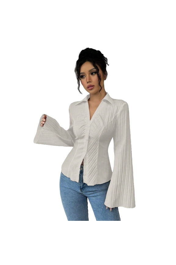 Summer Tops for Women's Bell Sleeve Button Up Shirt Collared Long Sleeve Ruched Textured Casual Work Blouse