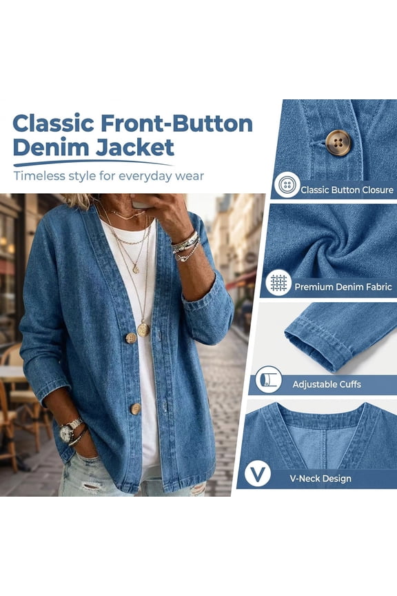 Summer Tops for Women's Button Front Denim Jacket – V Neck Breathable Fabric & Relaxed Fit