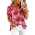thumbnail image 1 of Summer Tops for Women's Ruffled Blouse Puff Sleeve V Neck Button Front Plaid Shirt, 1 of 6