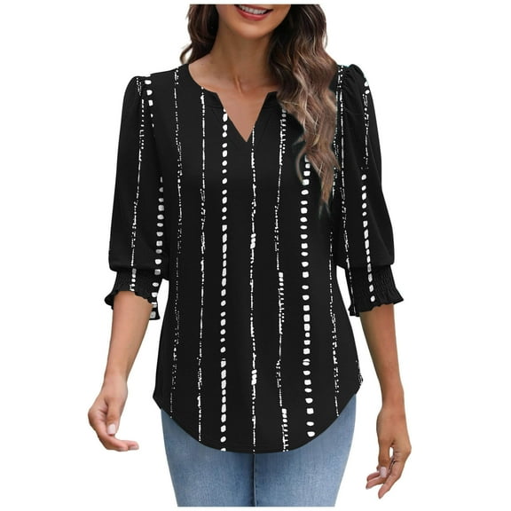 Summer Tops for Womens 3/4 Length Sleeve Blouses Casual V-Neck T-shirts Cuffs Pleated Sleeve Fashion Printed Tees Shirts Loose Pullover Top