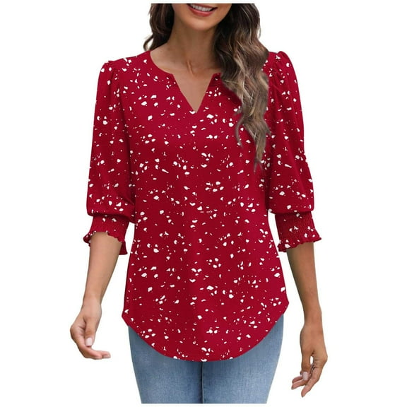 Summer Tops for Womens 3/4 Length Sleeve Blouses Casual V-Neck T-shirts Cuffs Pleated Sleeve Fashion Printed Tees Shirts Loose Pullover Top