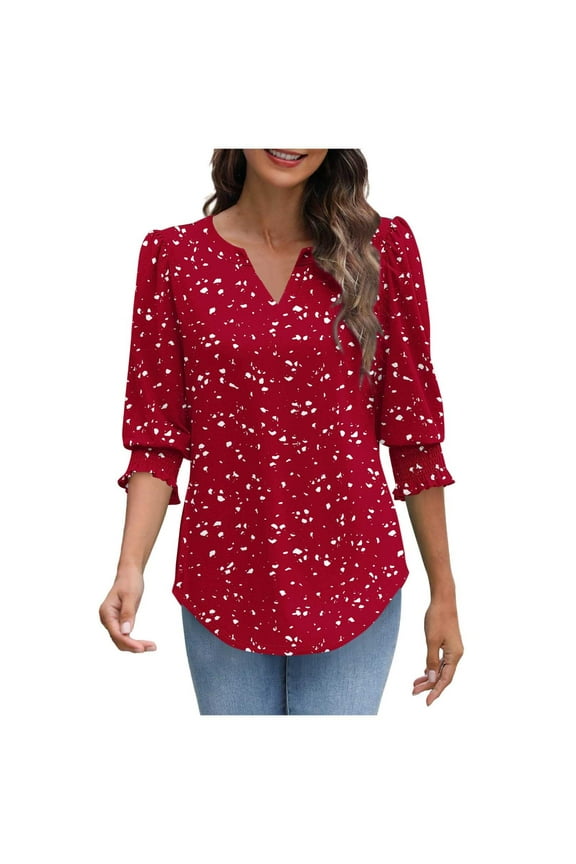 Summer Tops for Womens 3/4 Length Sleeve Blouses Casual V-Neck T-shirts Cuffs Pleated Sleeve Fashion Printed Tees Shirts Loose Pullover Top
