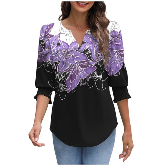 Summer Tops for Womens 3/4 Length Sleeve Blouses Casual V-Neck T-shirts Cuffs Pleated Sleeve Fashion Printed Tees Shirts Loose Pullover Top
