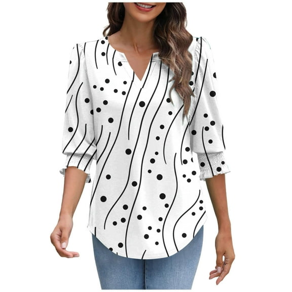 Summer Tops for Womens 3/4 Length Sleeve Blouses Casual V-Neck T-shirts Cuffs Pleated Sleeve Fashion Printed Tees Shirts Loose Pullover Top