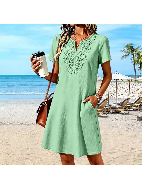 Summer Tops for Womens Cute Dress Bell Sleeve Three Layer V Neck Loose Swing Print Dress