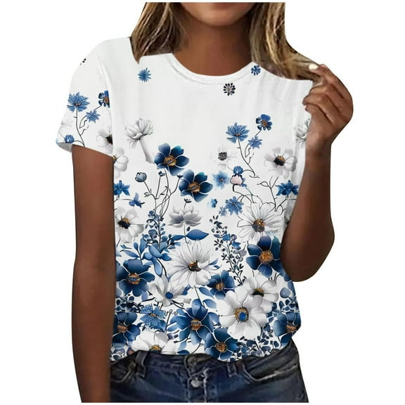 Summer Tops for Womens Plus Size Fashion Floral Print Shirts Loose Casual Pullover Short Sleeve Blouses Women's T-Shirts Top