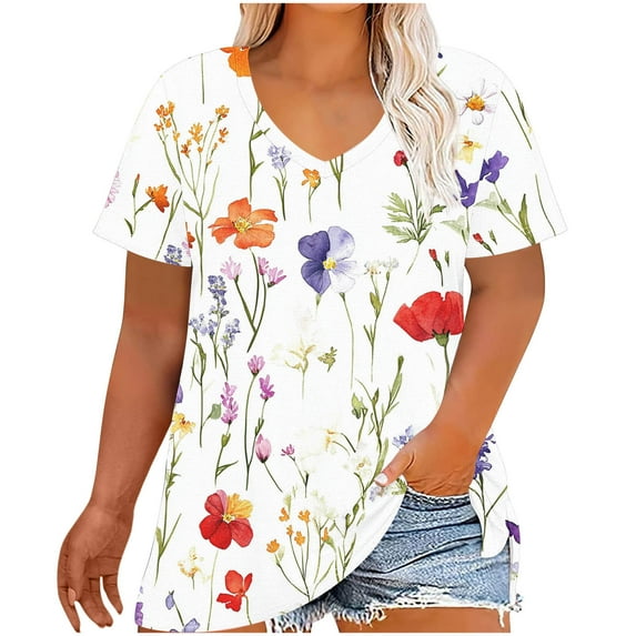 Summer Tops for Womens Plus Size Printing Short Sleeve Casual V Neck T Shirt Blouse Tunic Tops