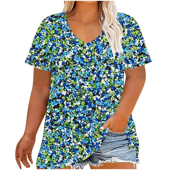 Summer Tops for Womens Plus Size Printing Short Sleeve Casual V Neck T Shirt Blouse Tunic Tops