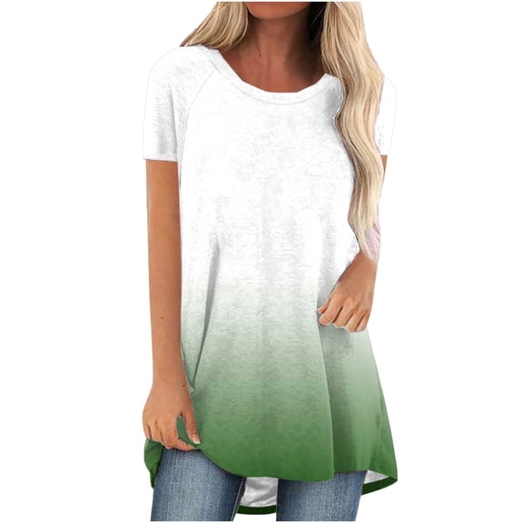 Xuhomer Summer Tops For Women Flowy Long Shirts Solid Color Crew Neck Long Tunic Tops To Wear With Leggings Short Sleeve Blouses Shirts