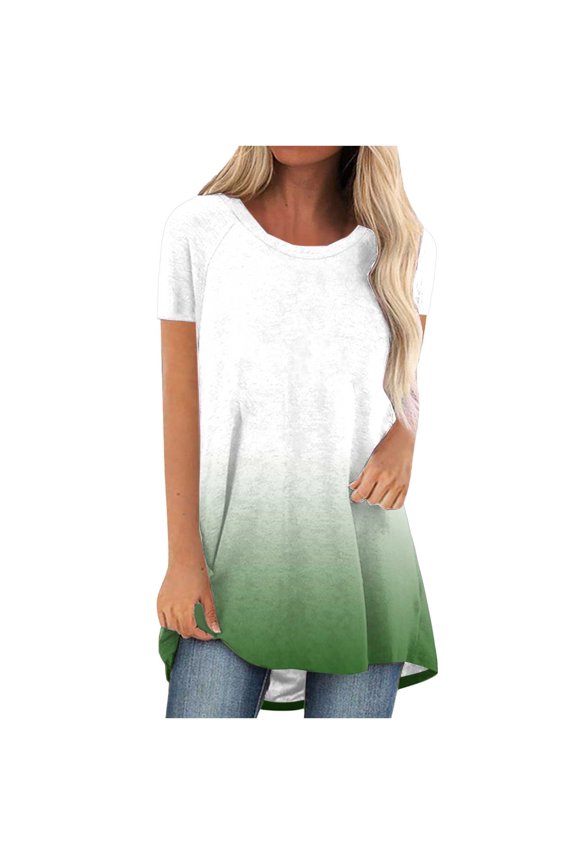 Summer Tops For Women Flowy Long Shirts Solid Color Crew Neck Long Tunics Or Tops To Wear With Leggings Short Sleeve Blouses Shirts