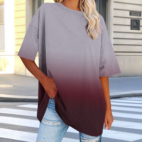 Summer Tops with Sleeves for Woman Short Sleeve Shirts Womens Tops Trendy Short Sleeve Gradient Color T Shirt Oversized Tee Shirts for Women