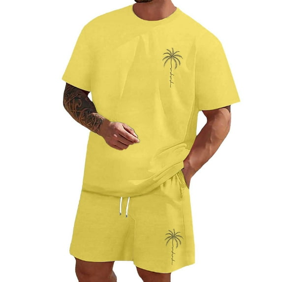 Summer Tracksuit for Men 1/4 Short Sleeve Color Solid Shirt Drawstring Waist Shorts Set Loose Fit Summer Beach Sweatsuit Outfits,Yellow,L