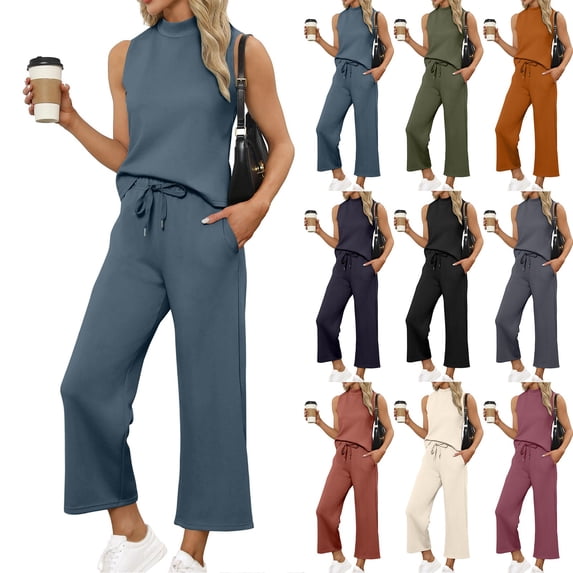 Summer Travel Lounge Sets for Women 2 Piece Mock Neck Top and Wide Leg Crop Pants Casual Vacation Matching Outfit 2026 Dark Gray XL