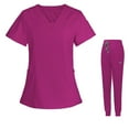 thumbnail image 1 of Summer Travel Outfits for Women New Women's Short Sleeved Fashionable Pocket V-Neck Protective Work Clothes Short Sleeved V-Neck Tops/Shirt Set B-2 Pinks S, 1 of 4