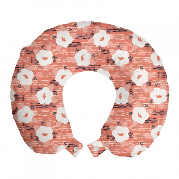 Summer Travel Pillow Neck Rest, Pastel Blossoms of Meadow Poppy Peony Buds Rural Fragrance Flourish Summer, Memory Foam Traveling Accessory Airplane and Car, 12", Coral and White, by Ambesonne