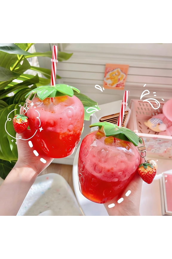 Summer Travel Seaside Vacation Strawberry Shaped Plastic Water Cup with Straw, Portable Student Water Bottle with Keychain, Cute Fruit Drinkware for Beach School, Red