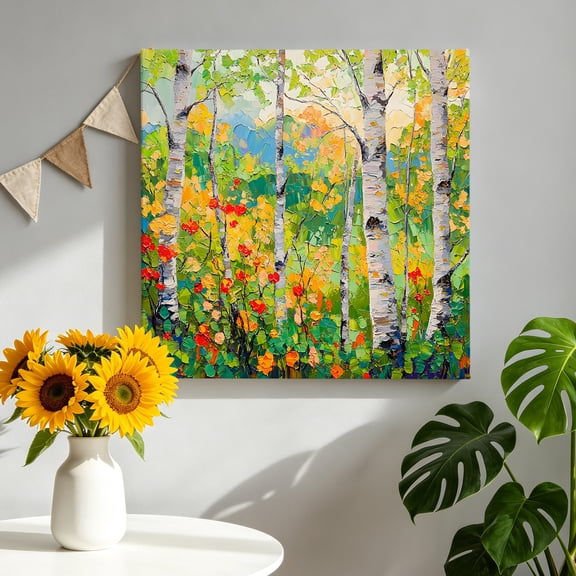 Summer Tree Oil Painting Canvas Wall Art for Living Room, Country Yellow Birch Plant Poster Print Painting for Bedroom Office Home Decoration Wall Pictures Prepare To Hang 8"x8"