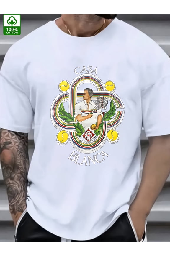 Summer Trend Men'S Cotton T-shirt CASA BLANCA Letter Tennis Club Pattern Print, Outdoor Wear Men'S Fashion Cotton T-shirt