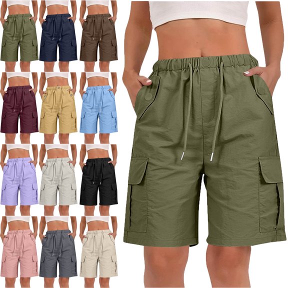 Summer Trendy Items! Womens Capri Pants Womens Shorts Army Green 4(S) Trousers Solid Color Ladies Stretch Belt Pants String Button Pockets Shorts Pants Fashion Women Pants Capri Pants for Women