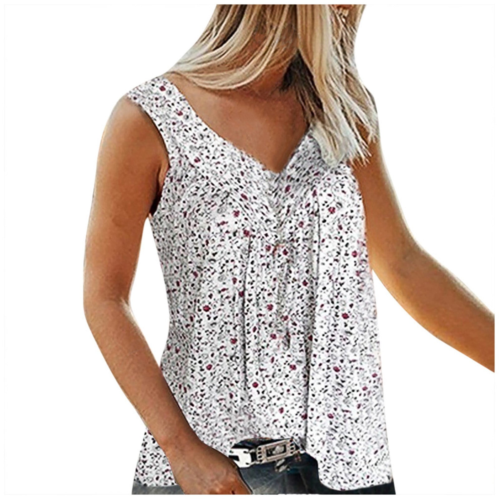 Women's Sleeveless Floral Tank Top - Cute Loose Fit Tunic T-Shirt, Solid White, Plus Size 3XL - View #3