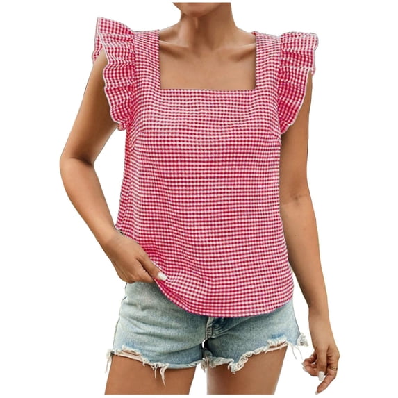 Summer Trendy Tops Women Ruffled Fly Sleeve Square Neck Plaid Shirt Dressy Casual Tank Top Blouses Sleeveless (XL, Hot Pink)
