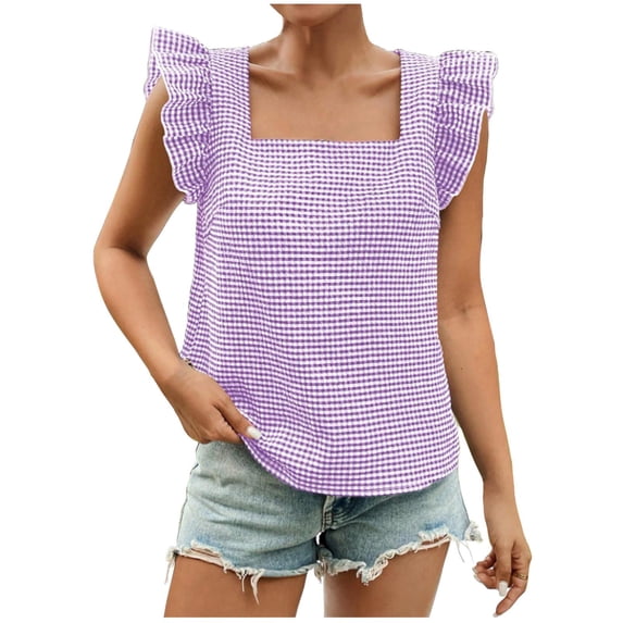 Summer Trendy Tops Women Ruffled Fly Sleeve Square Neck Plaid Shirt Dressy Casual Tank Top Blouses Sleeveless (XS, Purple)