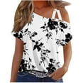 thumbnail image 1 of Summer Trendy Tops, Womens Off The Shoulder Floral Going Out T Shirts Short Sleeve O-ring Strappy Tshirts Summer Blouses (2XL, White), 1 of 5