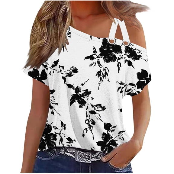 Summer Trendy Tops, Womens Off The Shoulder Floral Going Out T Shirts Short Sleeve O-ring Strappy Tshirts Summer Blouses (S, White)