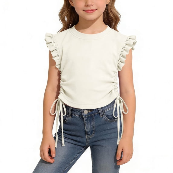 Summer Trendy Tshirts for Girl Ruched Knot Side Crewneck Crewneck Casual Tees Shirt Ruffle Sleeve Crop Tops 4 Years, White
