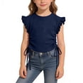 thumbnail image 1 of Summer Trendy Tshirts for Girl Ruched Knot Side Crewneck Crewneck Casual Tees Shirt Ruffle Sleeve Crop Tops 5 Years, Navy, 1 of 7