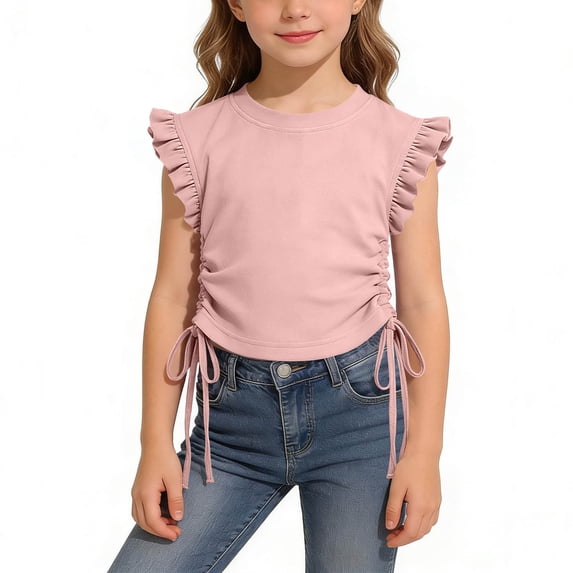 Summer Trendy Tshirts for Girl Ruched Knot Side Crewneck Crewneck Casual Tees Shirt Ruffle Sleeve Crop Tops 6 Years, Pink