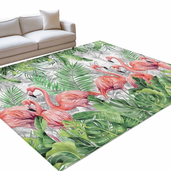 Summer Tropical 6x9ft Non Slip Area Rug Pink Flamingo Jungle Green Palm Leaves Grey Washable Soft Area Rugs for Living Room, Indoor Circle Carpet for Bedroom Dining Room Kitchen