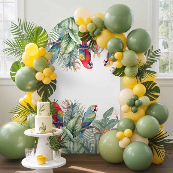 Summer Tropical Arch Backdrop Cover, 6FT, Palm Tree with Parrot White Texture Spandex Arch Covers Double-Sided Backdrop for Wedding Birthday Party Photo Background Decoration