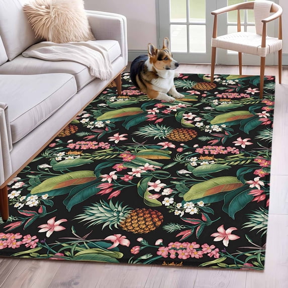 Summer Tropical Area Rug 4x6 Washable Rug Non Slip Pineapple Floral Botanical Leaves Large Area Rug Indoor Floor Carpet for Entryway Bedroom Kitchen Living Room Home Office Dining Room Nursery