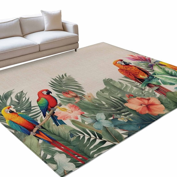 Summer Tropical Area Rugs 6x9ft Palm Tree with Parrot Khaki Texture Floor Rug Non Slip Low Pile Ultra Soft Throw Carpet for Entryway Indoor Entrance Kitchen Bathroom