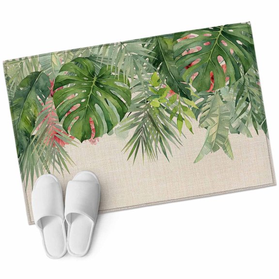 Summer Tropical Bathroom Rug Washable 2x3 Entryway Rug Non Slip Farmhouse Palm Leaves Floral Burlap Front Door Mat Low Pile Indoor Doormat Throw Floor Carpet for Kitchen Bedroom Entrance