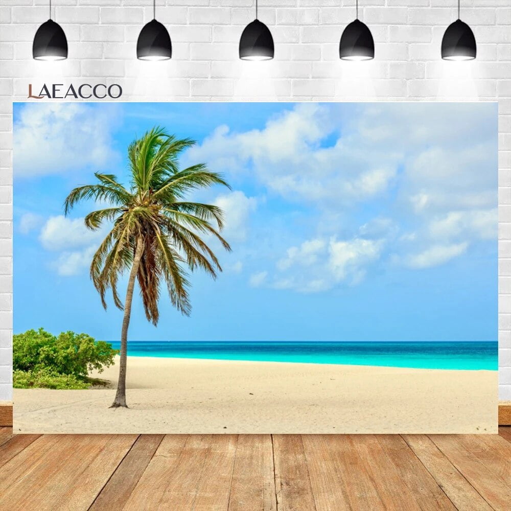 Summer Tropical Beach Backdrop Seaside Island Palm Trees Blue Sea Sky ...