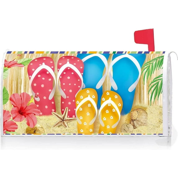 Summer Tropical Beach Colorful Flip Flops Decoration Mailbox Cover with Magnetic Strip Mailbox Wraps Post Letter Box Cover Standard Size 21" X 18" for Garden Outdoor Yard Decor